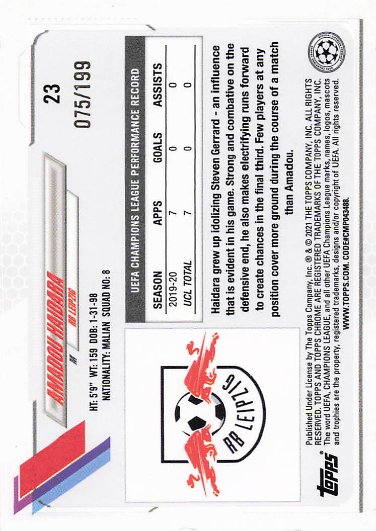 Amadou Haidara RB Leipzig #/199 2020-21 Topps Chrome UCL Rookie