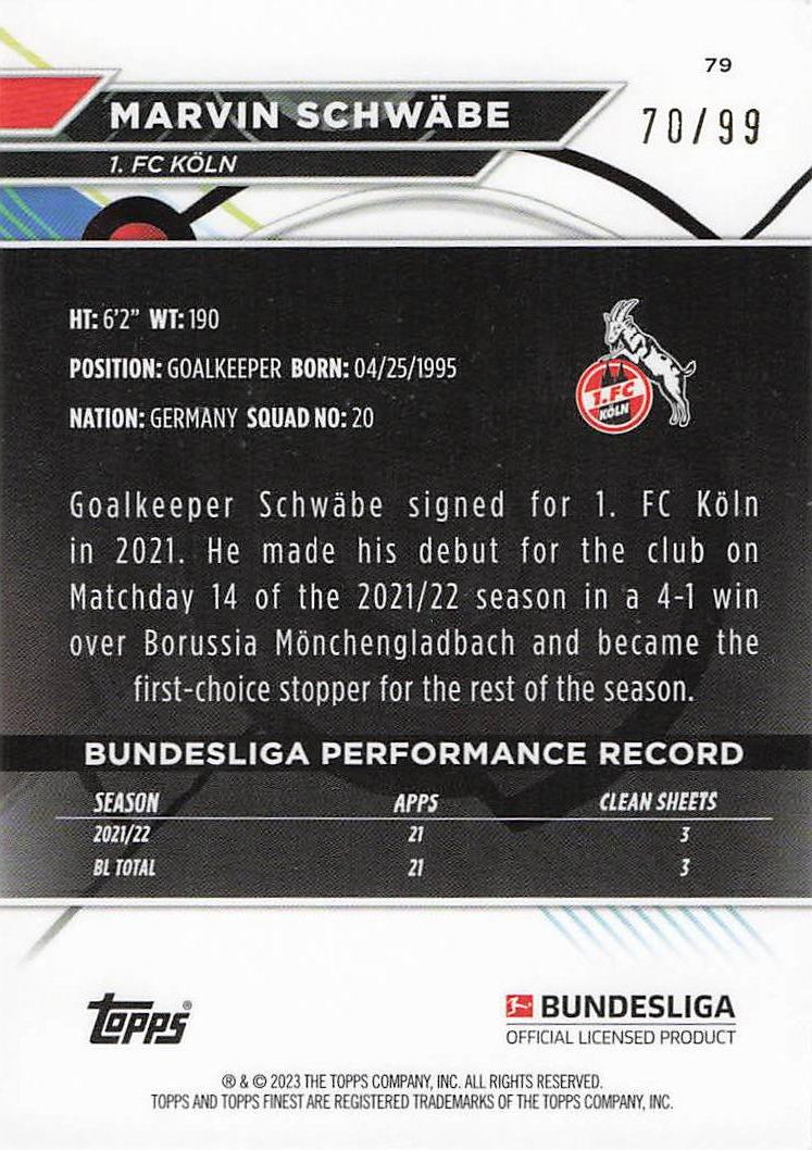 Marvin Schwäbe 1. FC Koln #/99 2022-23 Finest Bundesliga