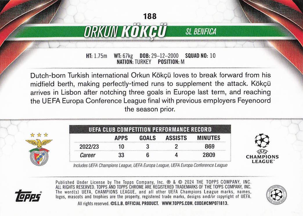 Orkun Kökçü Benfica #/50 2023-24 Topps Chrome Sapphire Edition UCC