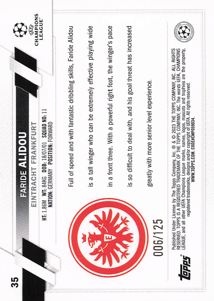 Faride Alidou Eintracht Frankfurt #/125 2022-23 Topps UCC Rookie