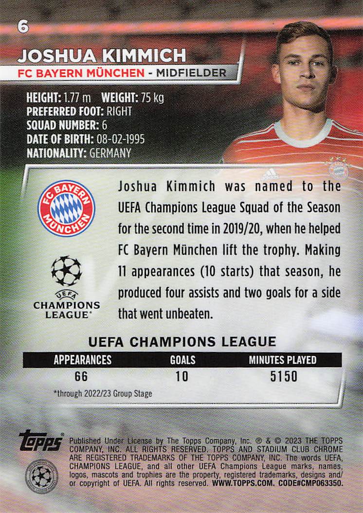 2022-23 Stadium Club Chrome UCC #6 Joshua Kimmich Blue Prism Refractor