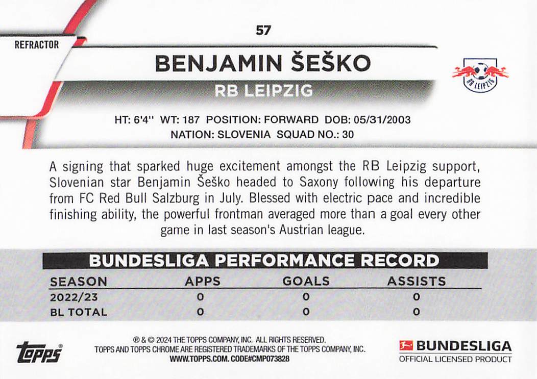 Benjamin Šeško RB Leipzig #/175 2023-24 Topps Chrome Bundesliga