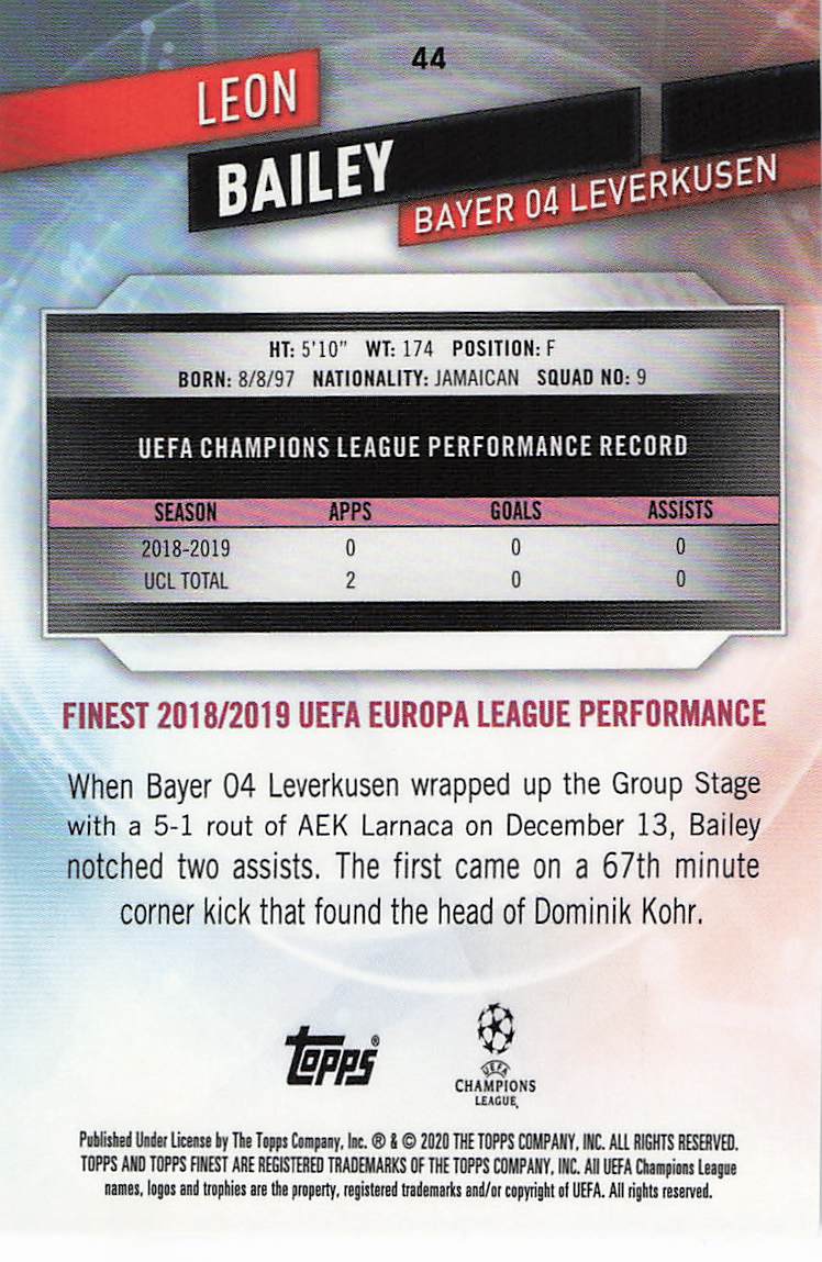 Leon Bailey Bayer 04 Leverkusen #/250 2019-20 Topps Finest UEFA Champions League