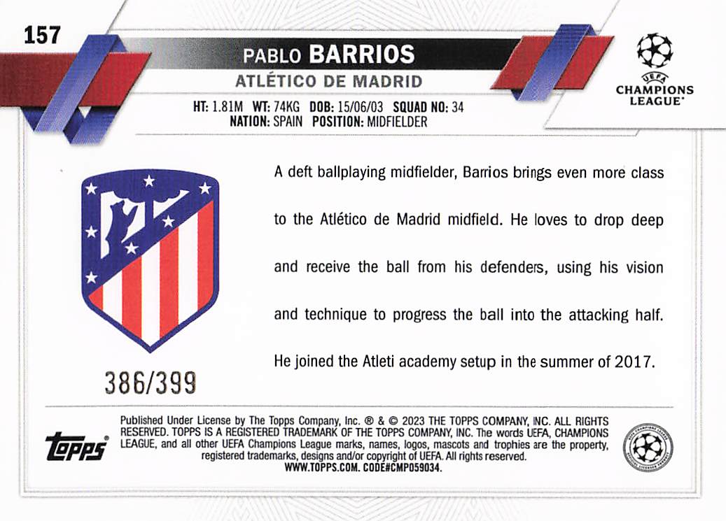 Pablo Barrios Atletico Madrid #/399 2022-23 Topps UEFA Club Competitions Rookie