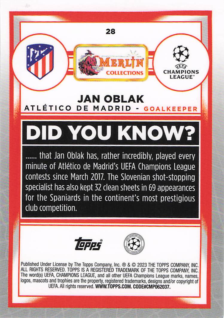 Jan Oblak Atletico Madrid #/350 2022-23 Merlin Chrome UEFA Club Competitions