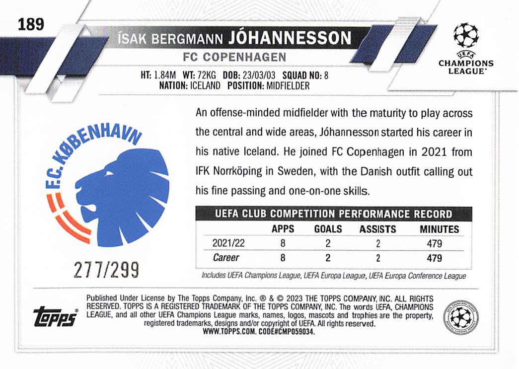 Ísak Bergmann Jóhannesson FC Copenhagen #/299 22-23 Topps UCC Rookie