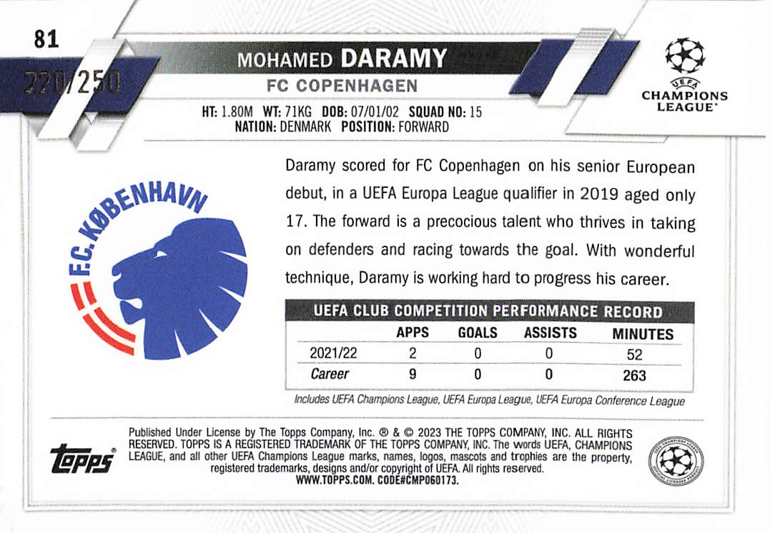 Mohamed Daramy FC Copenhagen #/250 2022-23 Topps Chrome UEFA Club Competitions