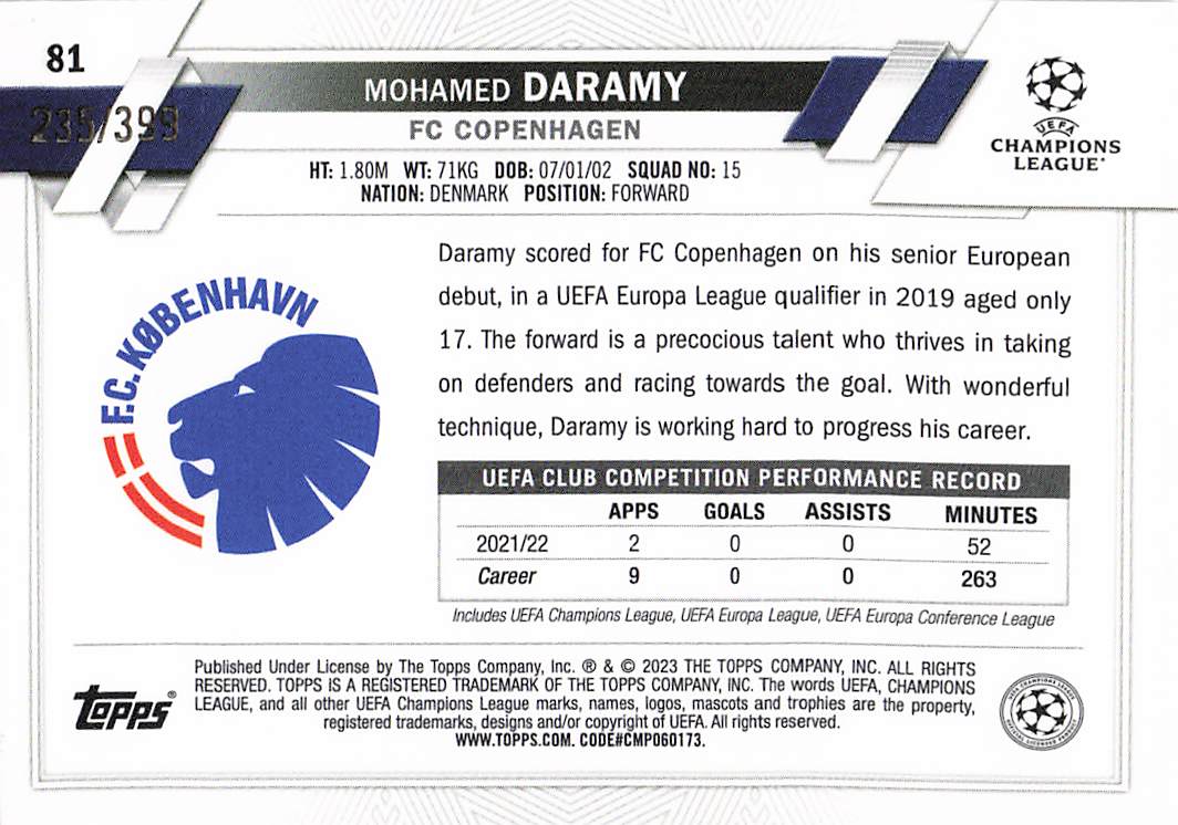 Mohamed Daramy FC Copenhagen #/399 2022-23 Topps Chrome UEFA Club Competitions