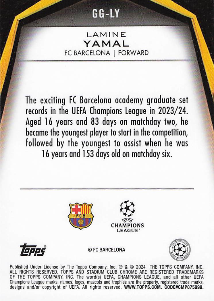 Lamine Yamal FC Barcelona 2023-24 Stadium Club Chrome UEFA Champions League