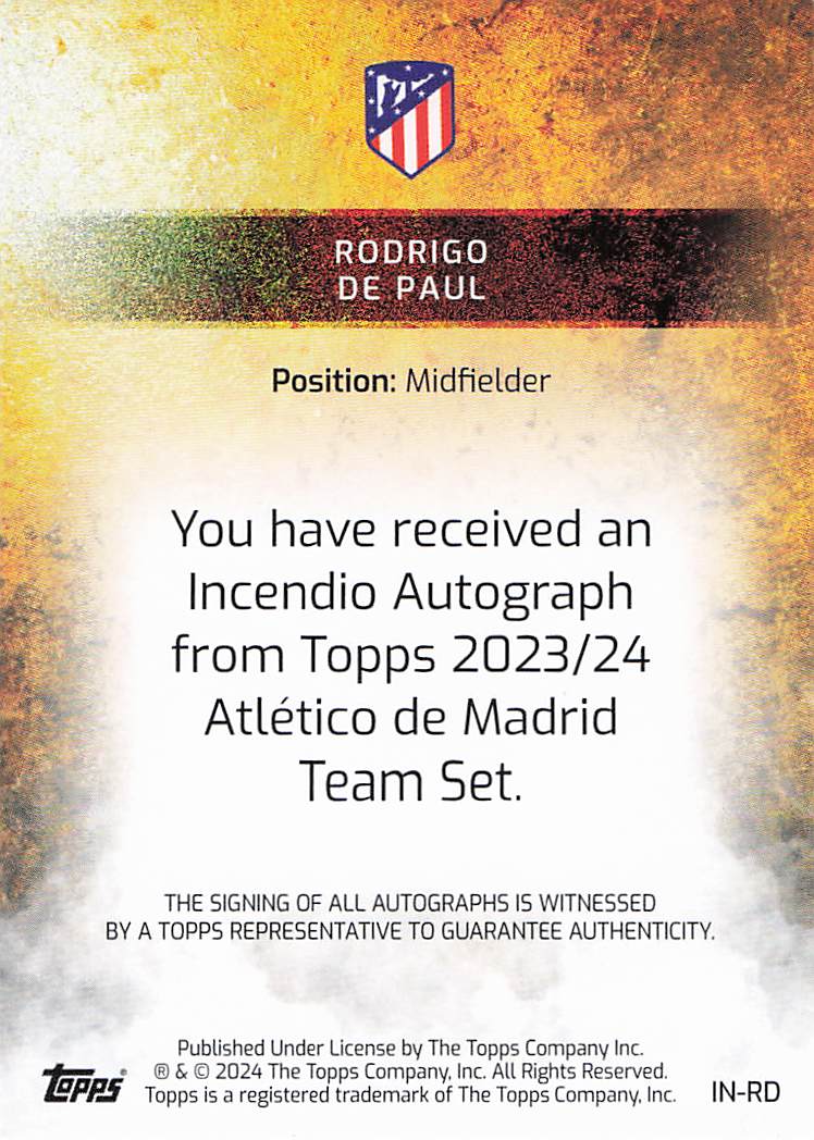 Rodrigo de Paul Atletico Madrid #/99 2023-24 Topps Atletico Madrid Team Set Auto