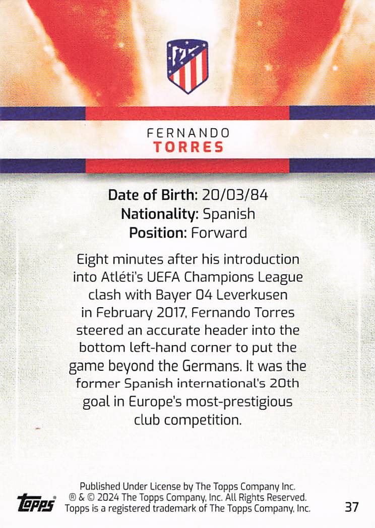 Fernando Torres Atletico Madrid #/75 2023-24 Topps Atletico Madrid team set