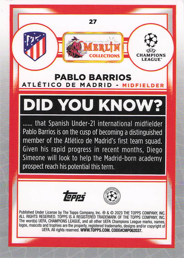 Pablo Barrios Atletico Madrid #/150 2022-23 Merlin Chrome UCC Rookie
