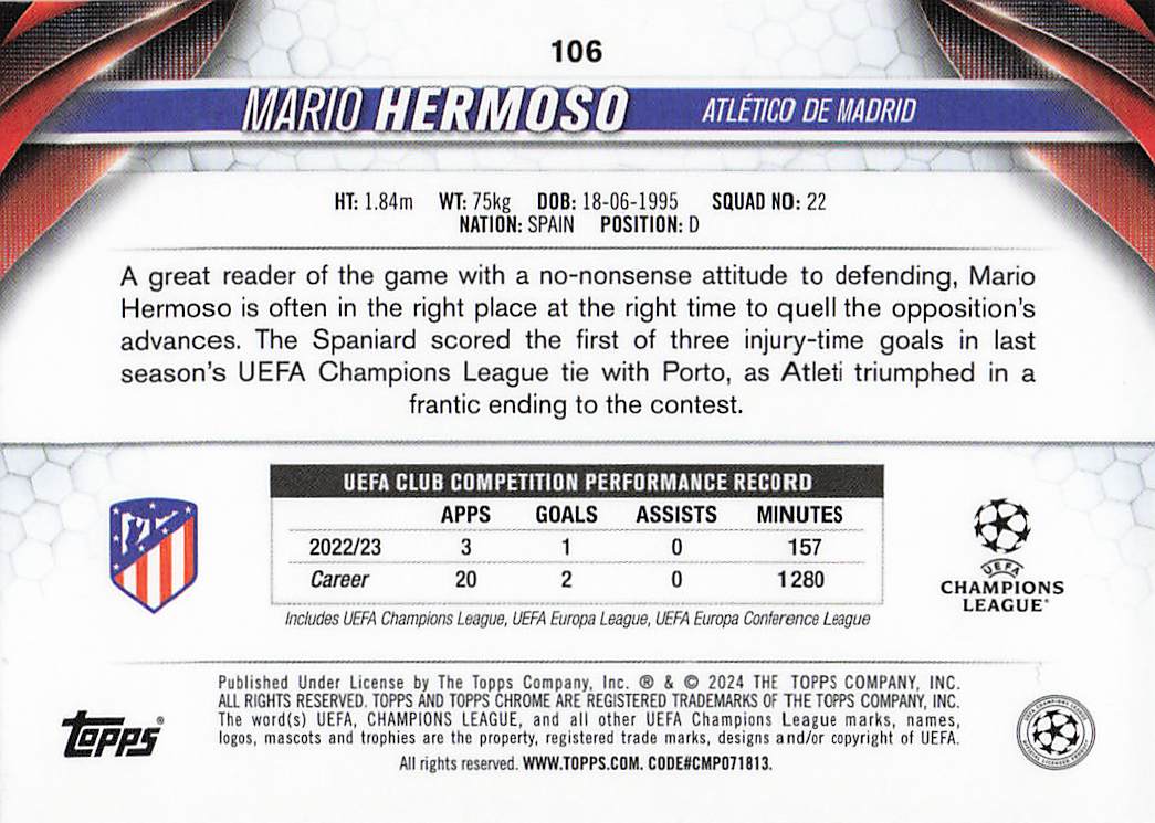 Mario Hermoso Atletico Madrid #/75 2023-24 Topps Chrome Sapphire UCC