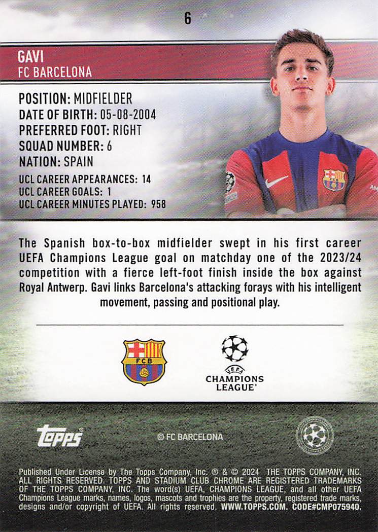 Gavi FC Barcelona #/250 2023-24 Stadium Club Chrome UEFA Champions League