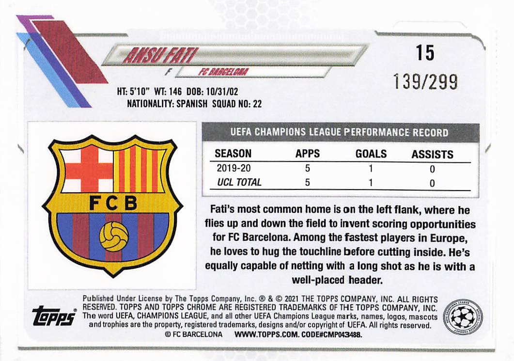 Ansu Fati FC Barcelona #/299 2020-21 Topps Chrome UEFA Champions League