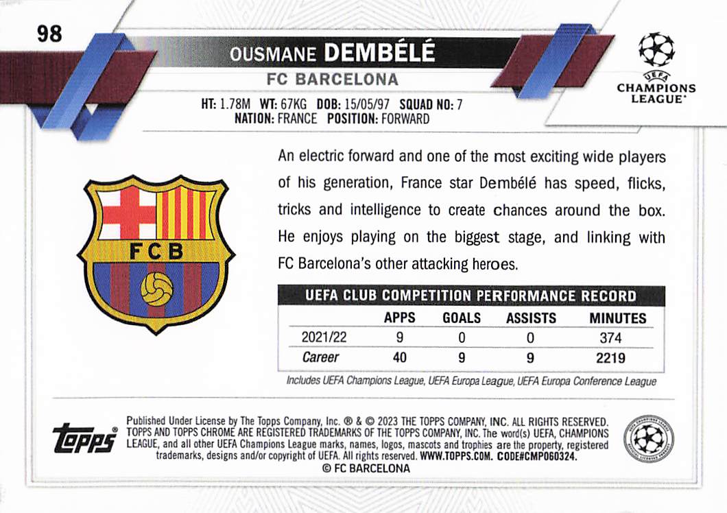 Ousmane Dembélé FC Barcelona 2022-23 Topps Chrome Sapphire Edition UCC