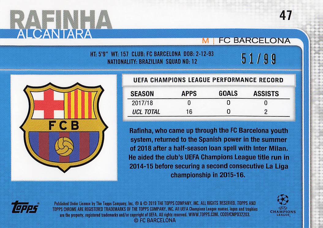 Rafinha Alcantara Green Refractors /99 FC Barcelona 2018-19 Topps Chrome UCL