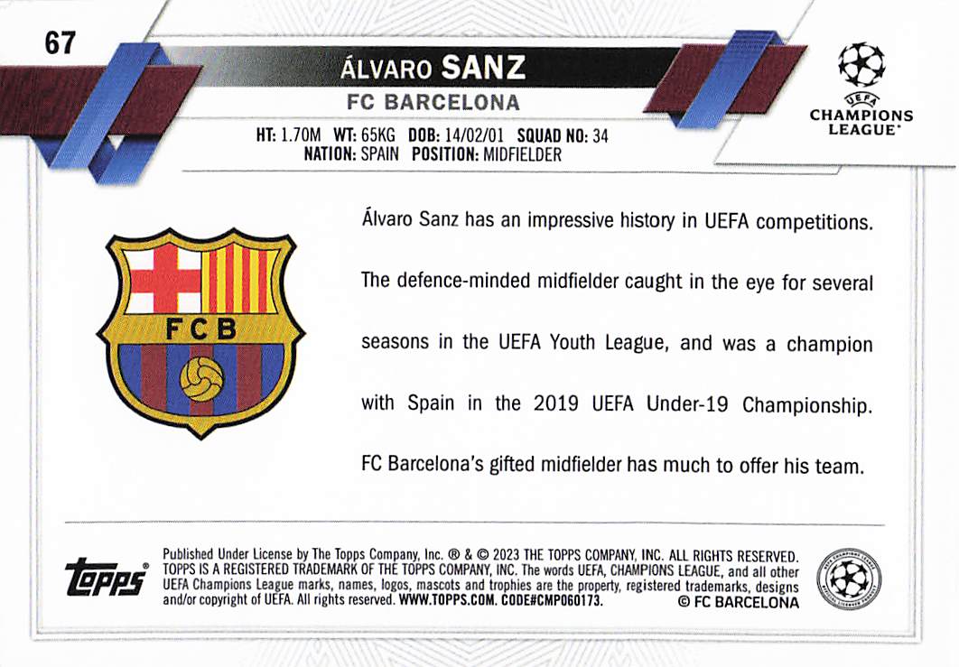 Álvaro Sanz FC Barcelona 2022-23 Topps Chrome UEFA Club Competitions