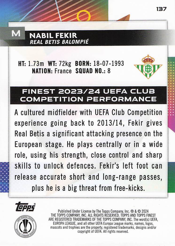 Nabil Fekir Betis #/250 2023-24 Finest UEFA Club Competitions
