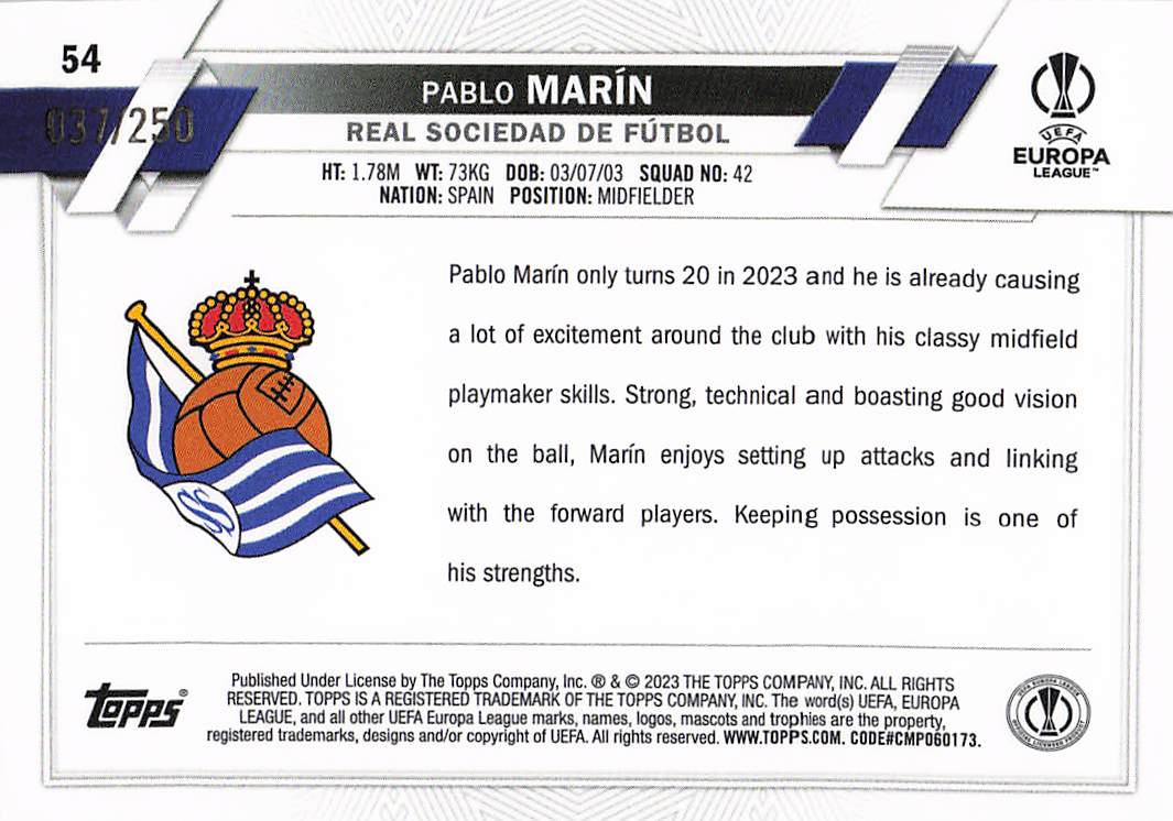 Pablo Marín Real Sociedad #/250 2022-23 Topps Chrome UEFA Club Competitions