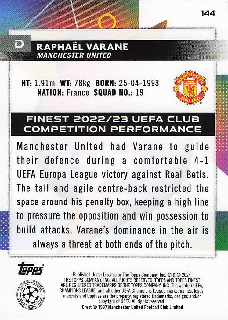 Raphaël Varane Manchester United #/125 2023-24 Finest UEFA Club Competitions