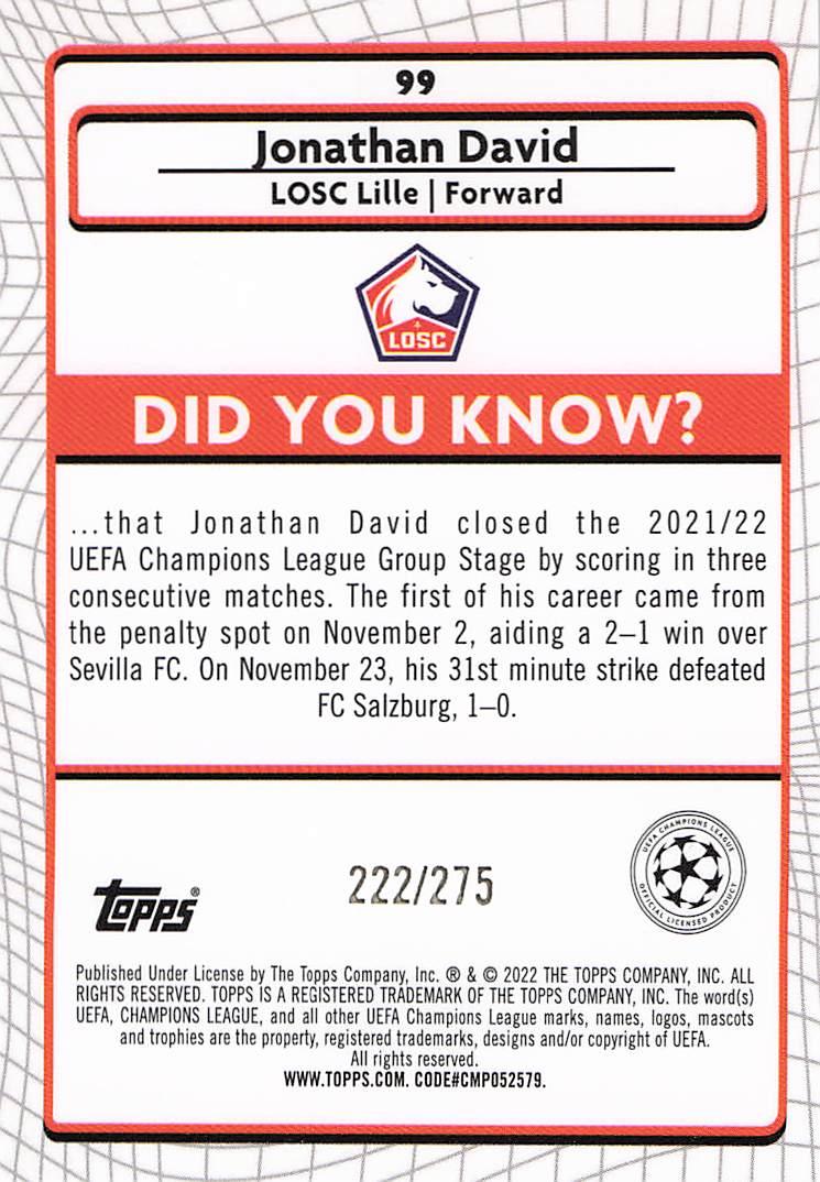 Jonathan David LOSC Lille #/275 2021-22 Merlin Chrome UCL Rookie
