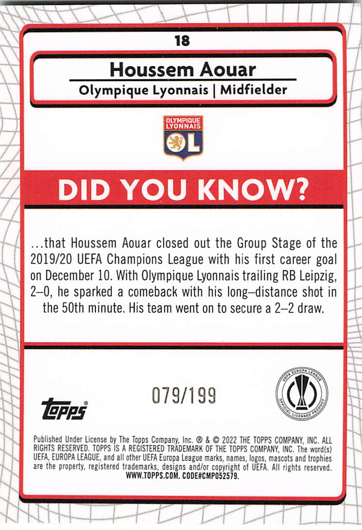 Houssem Aouar Olympique Lyonnais #/199 2021-22 Merlin Chrome UCL