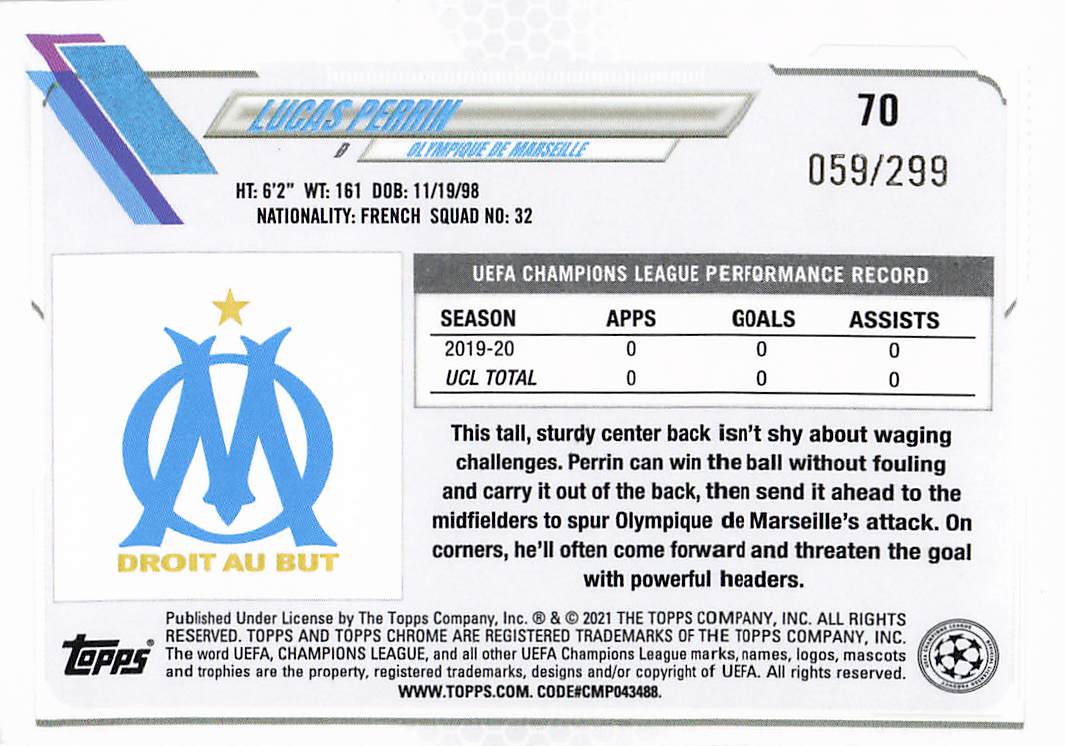 Lucas Perrin Olympique Marseille #/299 2020-21 Topps Chrome UCL Rookie