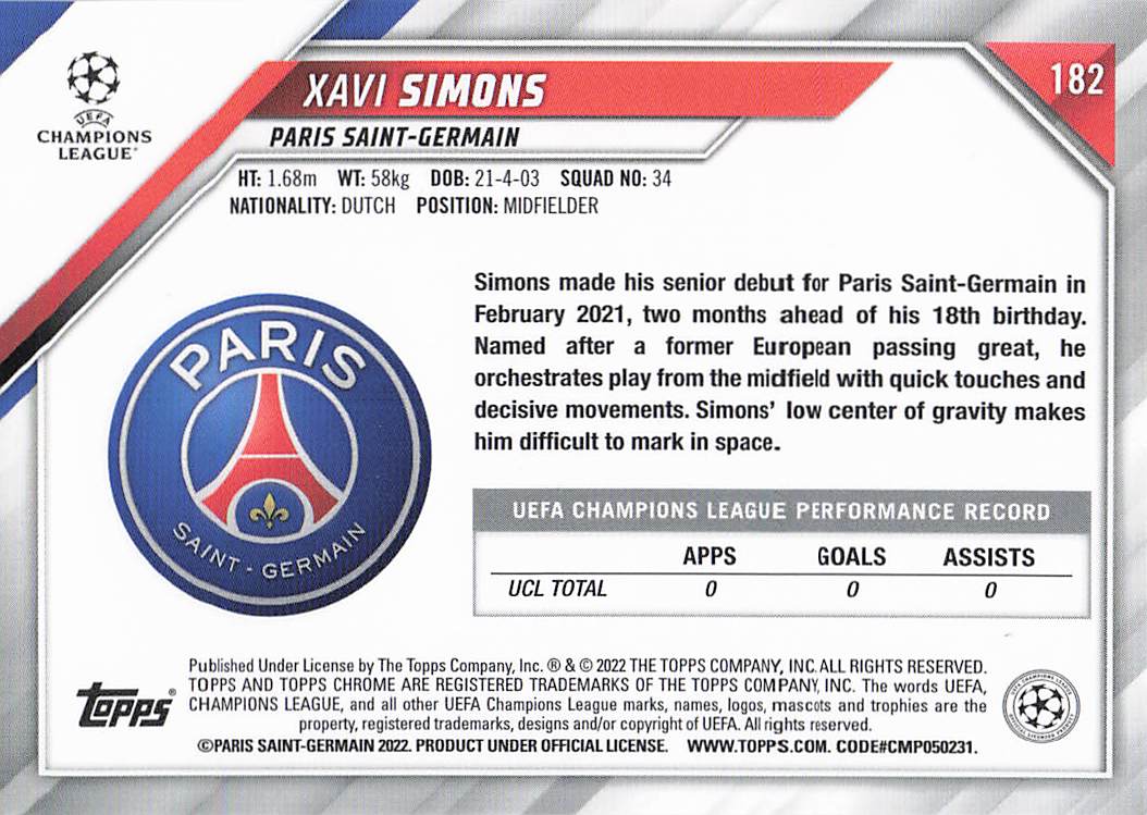 Xavi Simons Paris Saint-Germain 2021-22 Topps Chrome UEFA Champions League