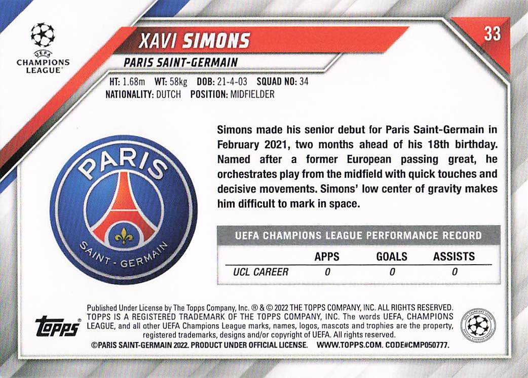 Xavi Simons Paris Saint-Germain 2021-22 Topps UEFA Champions League