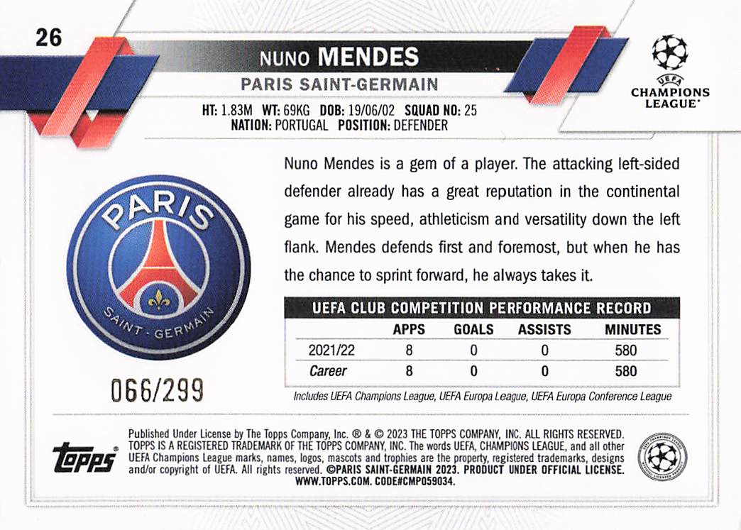 Nuno Mendes Paris Saint-Germain #/299 2022-23 Topps UEFA Club Competitions
