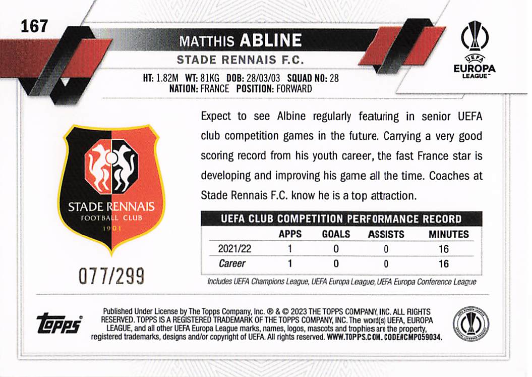 Matthis Abline Stade Rennais FC #/299 2022-23 Topps UCC Rookie