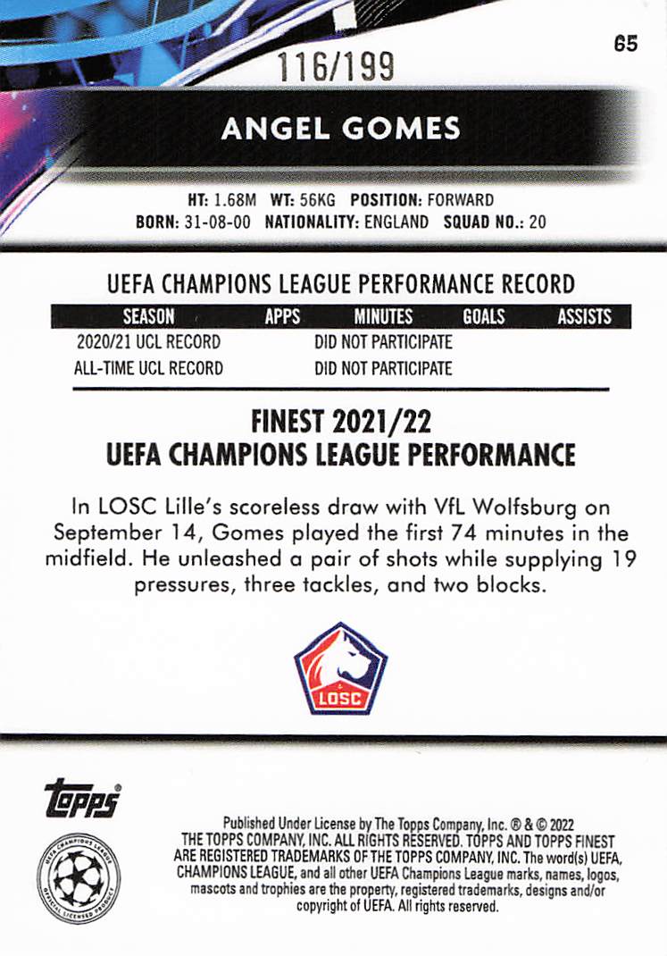 Angel Gomes LOSC Lille #/199 2021-22 Topps Finest UEFA Champions League Rookie