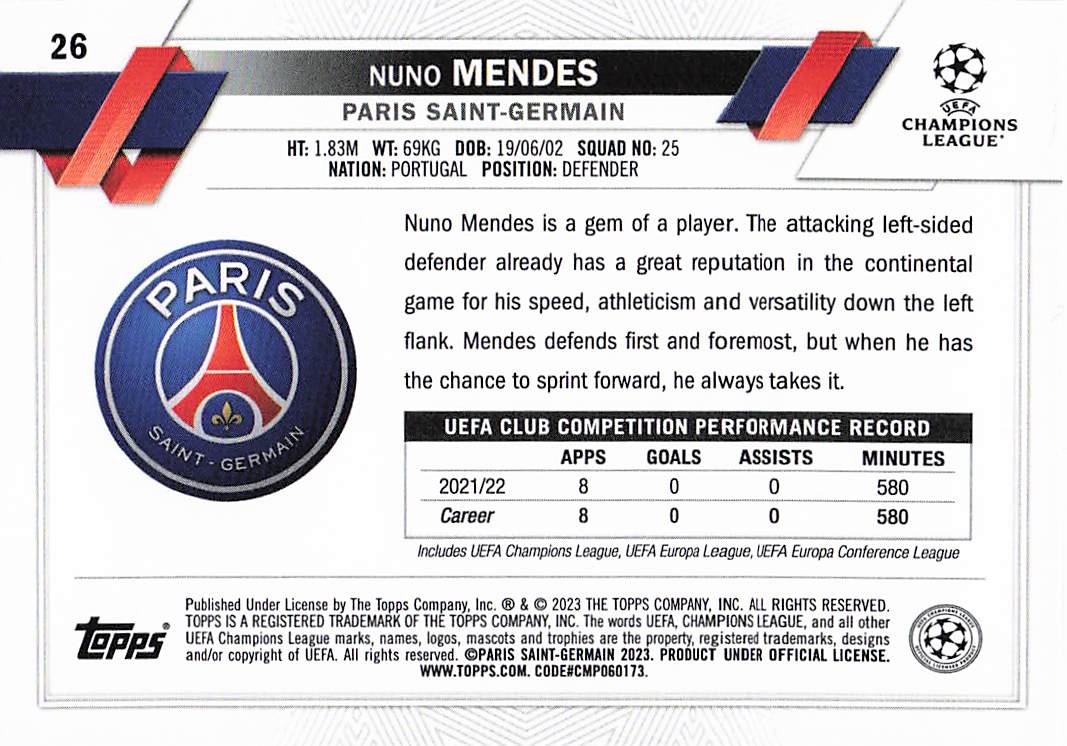 Nuno Mendes Paris Saint-Germain 2022-23 Topps Chrome UEFA Club Competitions