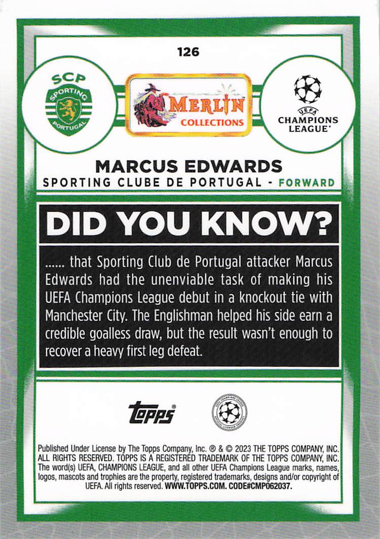 Marcus Edwards Sporting Portugal #/99 2022-23 Merlin Chrome UCC Rookie