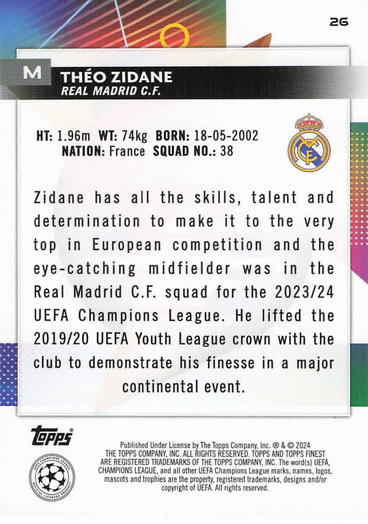 Théo Zidane Real Madrid CF #/50 2023-24 Finest UEFA Club Competitions Rookie