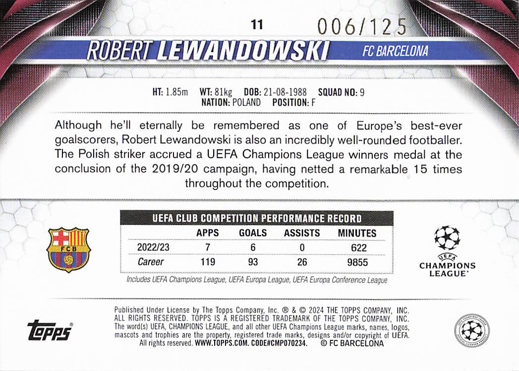 Robert Lewandowski FC Barcelona #/125 2023-24 Topps UEFA Club Competitions