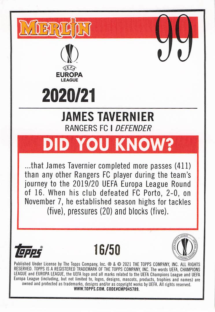 James Tavernier Glasgow Rangers #/50 2020-21 Merlin Chrome UCL Rookie