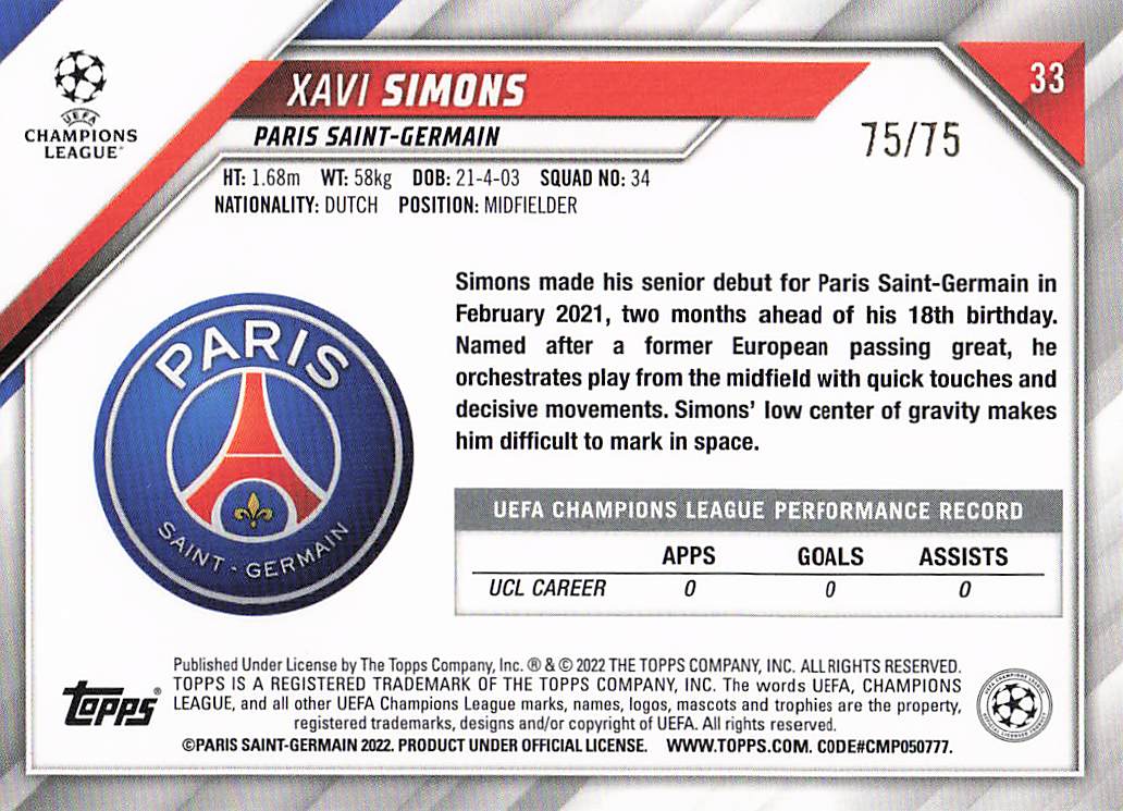 Xavi Simons Paris Saint-Germain #/25 2021-22 Topps UCL Jade Edition