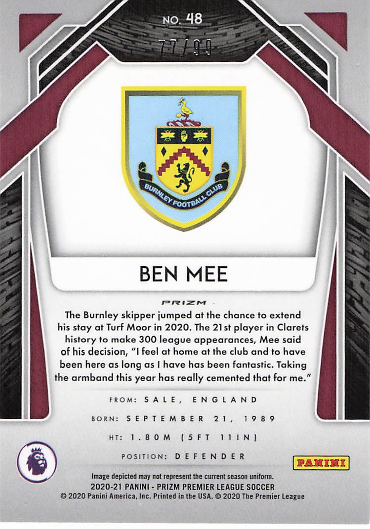 Ben Mee Burnley #/99 2020-21 Panini Prizm Premier League