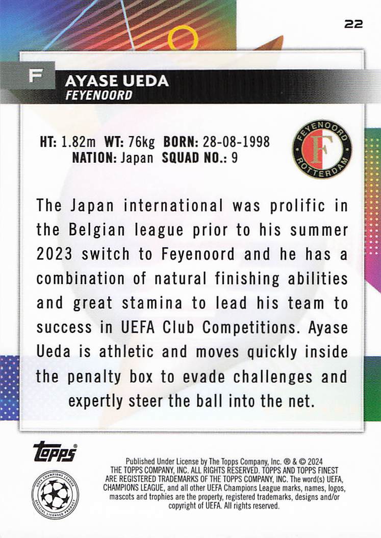Ayase Ueda Feyenoord #/135 2023-24 Finest UEFA Club Competitions