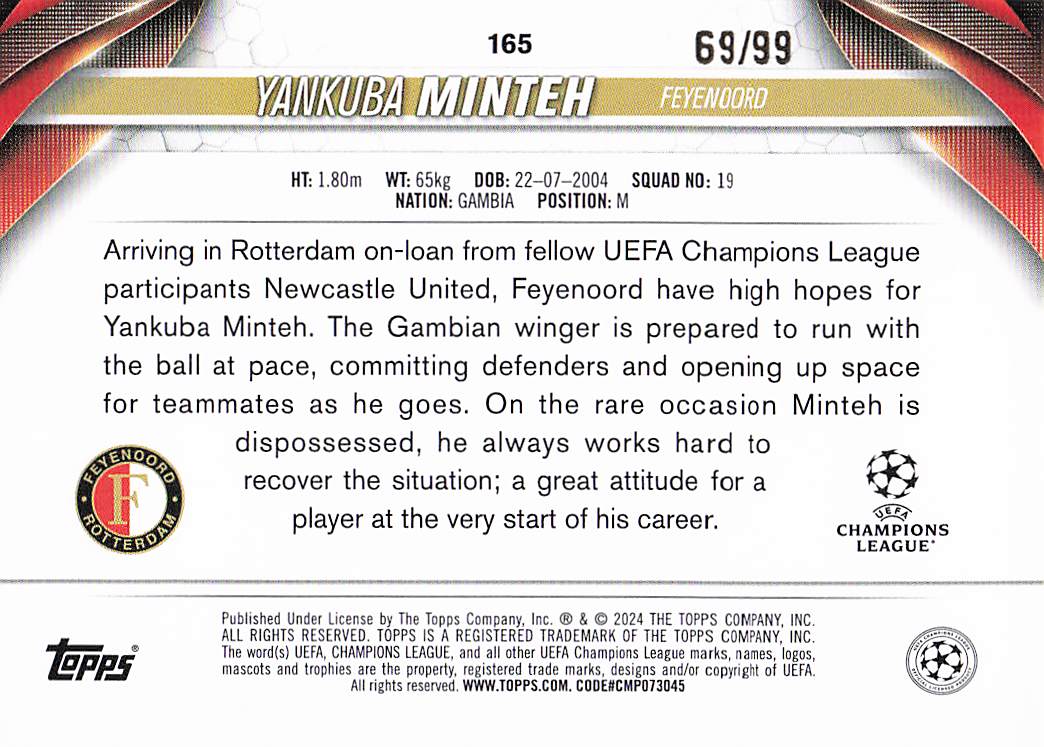 Yankuba Minteh Feyenoord #/99 2023-24 Topps Jade Edition UEFA Club Competitions