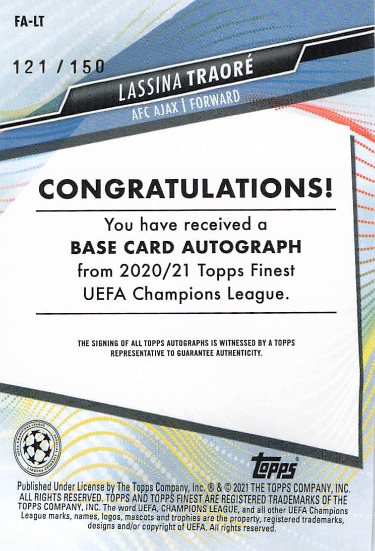 Lassina Traoré Ajax #/150 2020-21 Topps Finest UEFA Champions League Auto