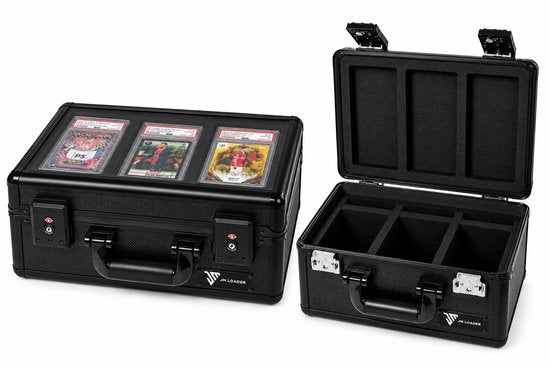 JM Loader Slab Case for Graded Cards – Geschikt voor PSA, BGS, CGC & Meer – Tot 300 Toploaders & 66 PSA Slabs – 3 Vakken – Hardcase – Pokémon, TCG & Sportkaarten – Transparante acrylic bovenkant